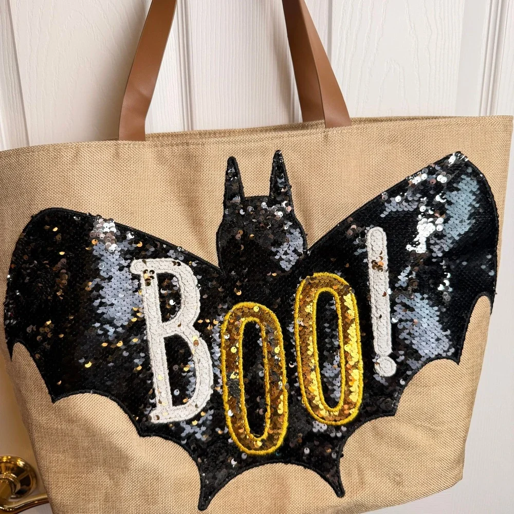 Halloween Tote Bag Boo Bat Sequin Jute Tan Black Large Festive Holiday Whimsical